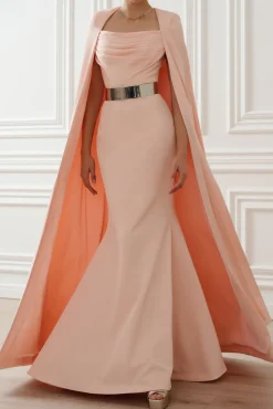 Aesha Long Cape-Dress In Soft-Peach