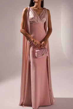 Aiman Silk Cape Long Dress In Blush