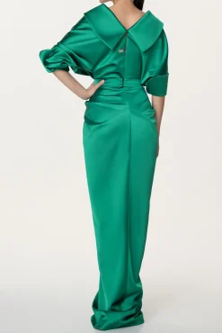 Angelina Satin Long Dress In Emerald