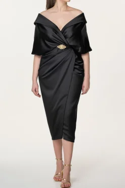 Angelina Satin Midi Dress in Black