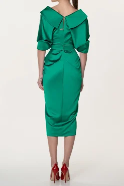 Angelina Satin Midi Dress in Emerald