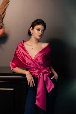 Angelina Satin Shirt In Hot Pink