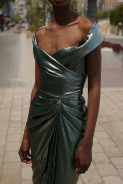 Athena Glossy Chiffon Long Dress In Olive