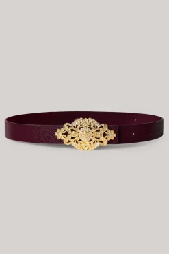 Baroque Burgundy Leather Waist Belt With Gold Buckle