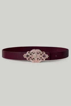 Baroque Burgundy Leather Waist Belt With Rose-Gold Buckle