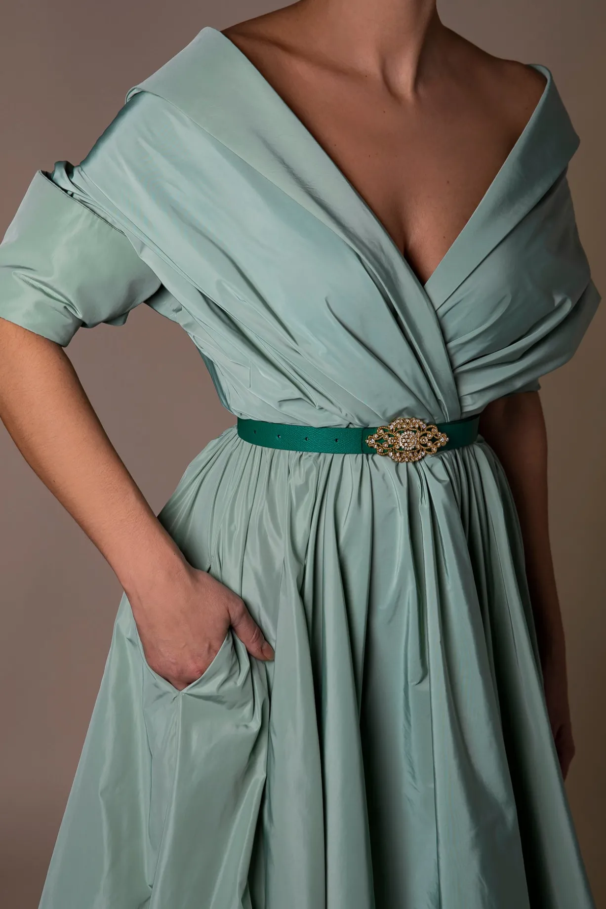 Baroque Emerald Leather Waist Belt With Gold Buckle