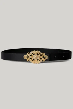 Baroque Matte Black Leather Waist Belt With Gold Buckle