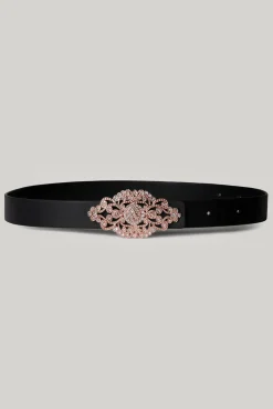 Baroque Matte Black Leather Waist Belt With Rose-Gold Buckle