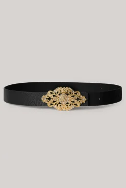Baroque Saffiano Black Leather Waist Belt With Gold Buckle