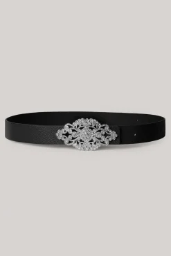 Baroque Saffiano Black Leather Waist Belt With Silver Buckle
