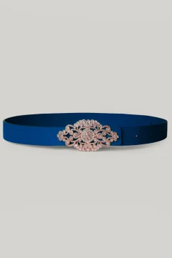 Baroque Sapphire Leather Waist Belt With Rose-Gold Buckle