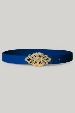 Baroque Sapphire Leather Waist Belt With Gold Buckle
