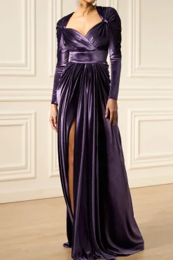 Basma Velvet Long Dress In Dusty-Purple