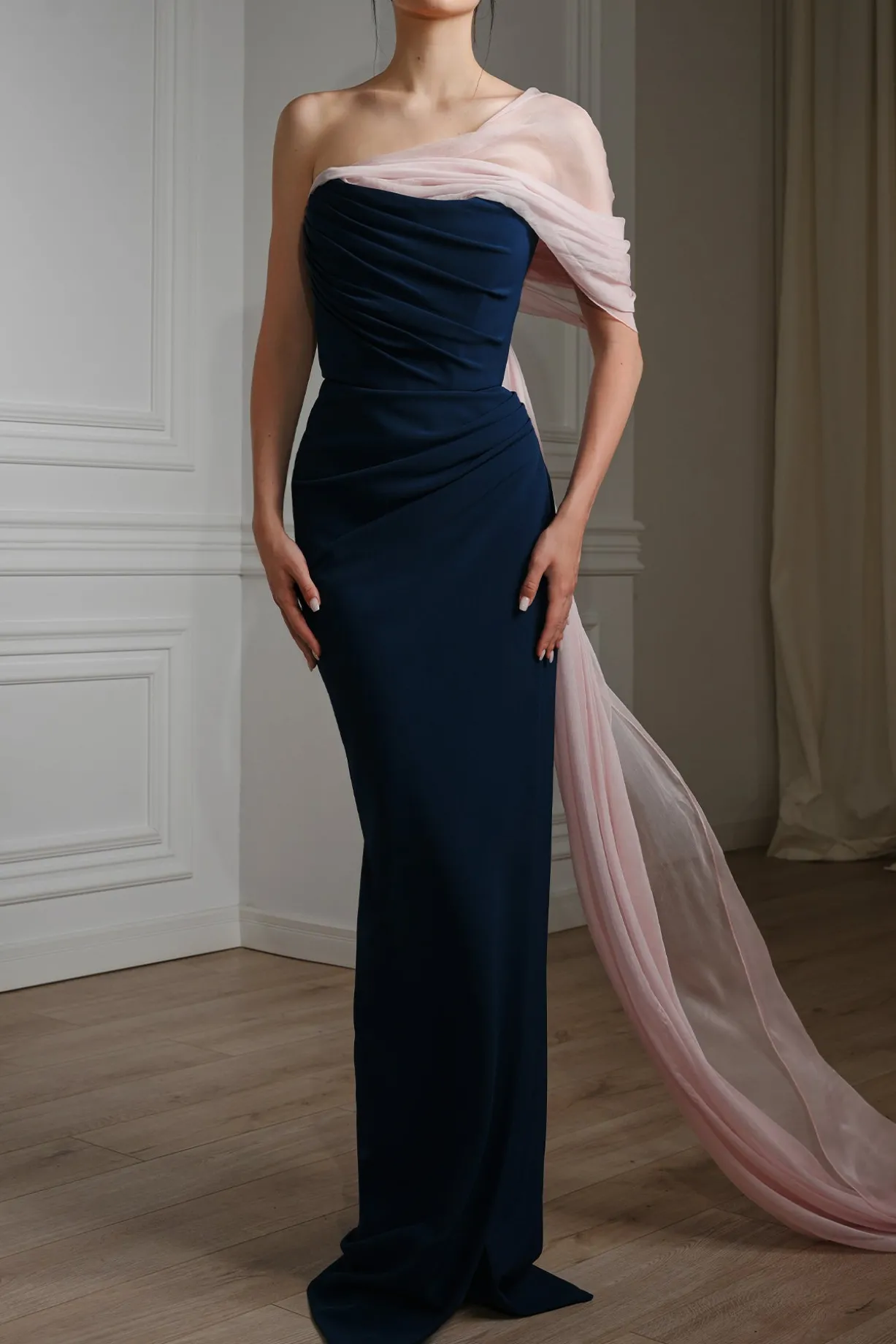 Bella Silk Chiffon and Crepe Dress In Prussian Blue and Powder