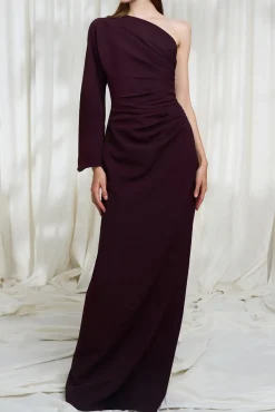 Cory One-shoulder Crepe Long Dress In Merlot