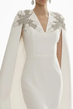 Dalia Crystal-Embroidered Cape Crepe Dress In Off-White
