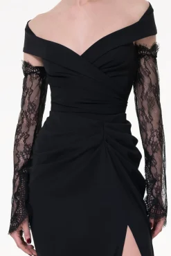Embroidered Long Lace Gloves In Black