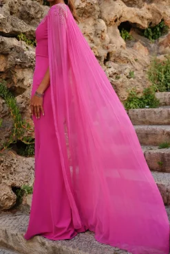 Esme V-Neck Dress with Flowing Silk Chiffon Cape In Fuchsia