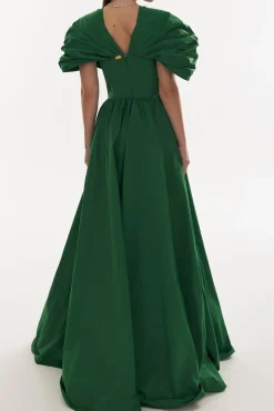 Ezra Taffeta Long Dress In Dark-Green