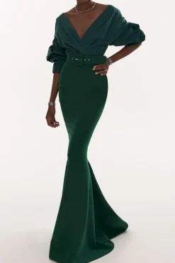 Gianna Taffeta Crepe Long Dress In Dark-Green