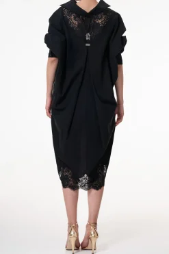 Gioia Lace Inserts Cotton Shirt Dress In Black