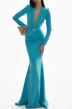 Huda Crepe Long Dress In Azure