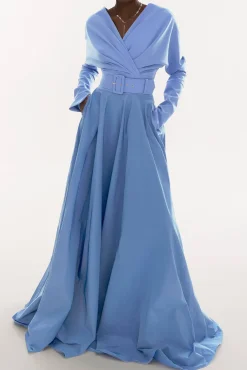Josie Crepe Taffeta Long Dress In Celeste