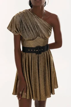 Lora Metallic Light Crepe Short Dress In Gold