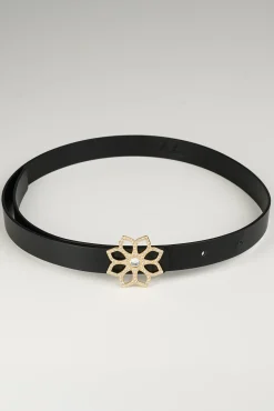 Lotus Leather Waist Belt In Matte Black With Gold Buckle