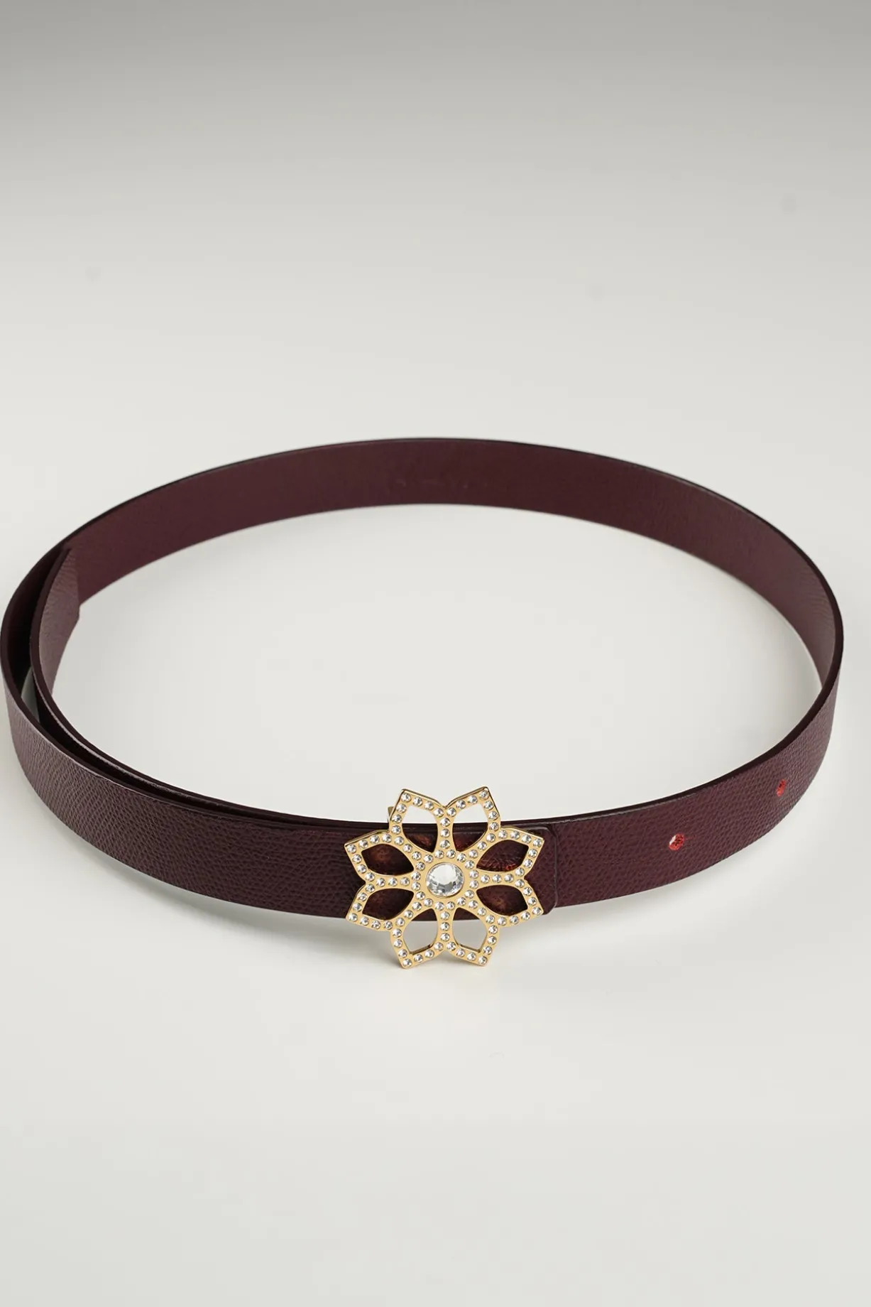 Lotus Leather Waist Belt In Burgundy With Gold Buckle