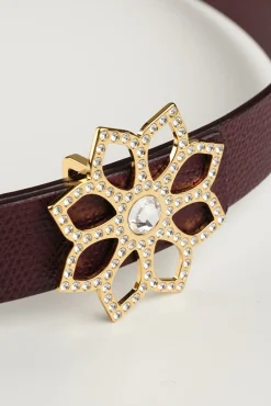 Lotus Leather Waist Belt In Burgundy With Gold Buckle