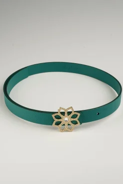 Lotus Leather Waist Belt In Emerald With Gold Buckle