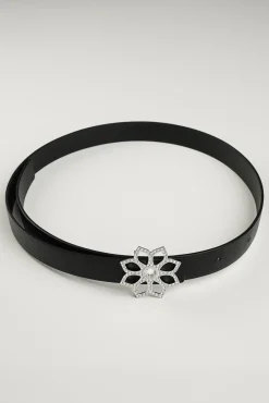 Lotus Leather Waist Belt In Saffiano Black With Silver Buckle