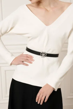 Lotus Leather Waist Belt In Saffiano Black With Silver Buckle