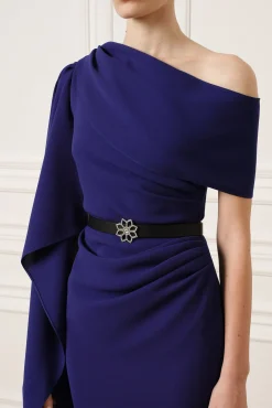 Lotus Leather Waist Belt In Saffiano Black With Silver Buckle