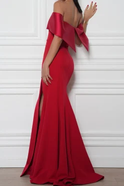 Noura Crepe Satin Long Dress In True-Red