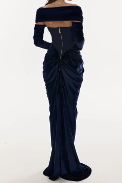 Quinn Long Velvet Gown In Midnight-Blue