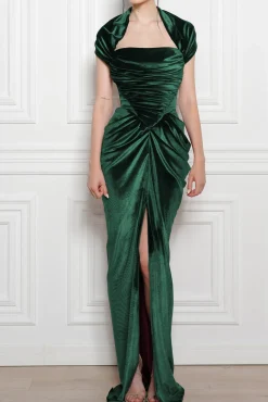 Quinn Long Velvet Gown In Dark-Green