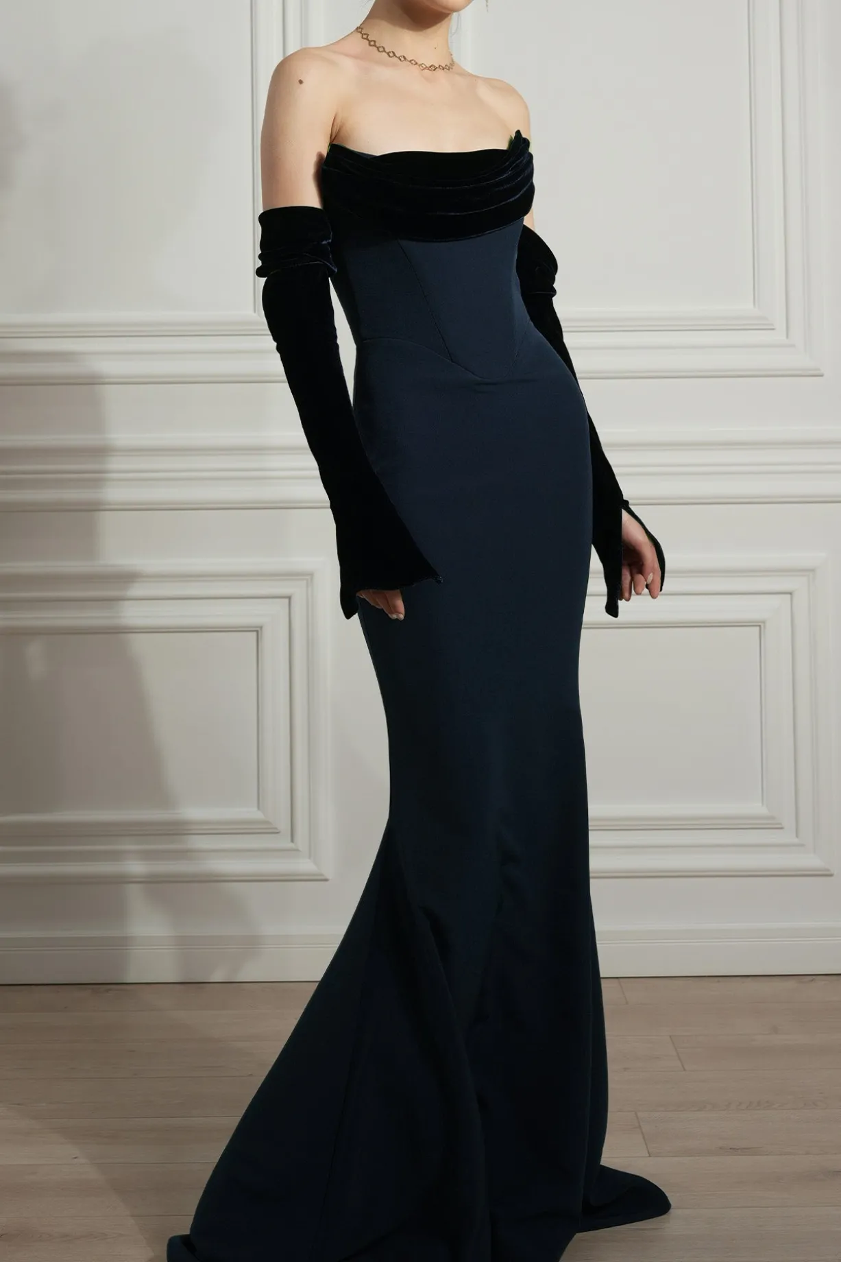 Raven Crepe and Velvet Dress in Midnight-Blue