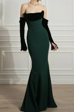 Raven Crepe and Velvet Dress in Dark-Green