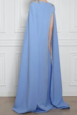 Revy Crystal-Embroidered Cape Crepe Dress In Blue Ciel