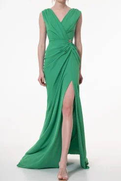 Saara Crepe Long Dress In Raw-Green