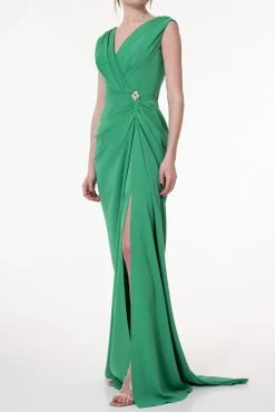 Saara Crepe Long Dress In Raw-Green