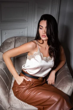 Top Camisole Top in Satin with Lace Insertions In Cipria-Gold